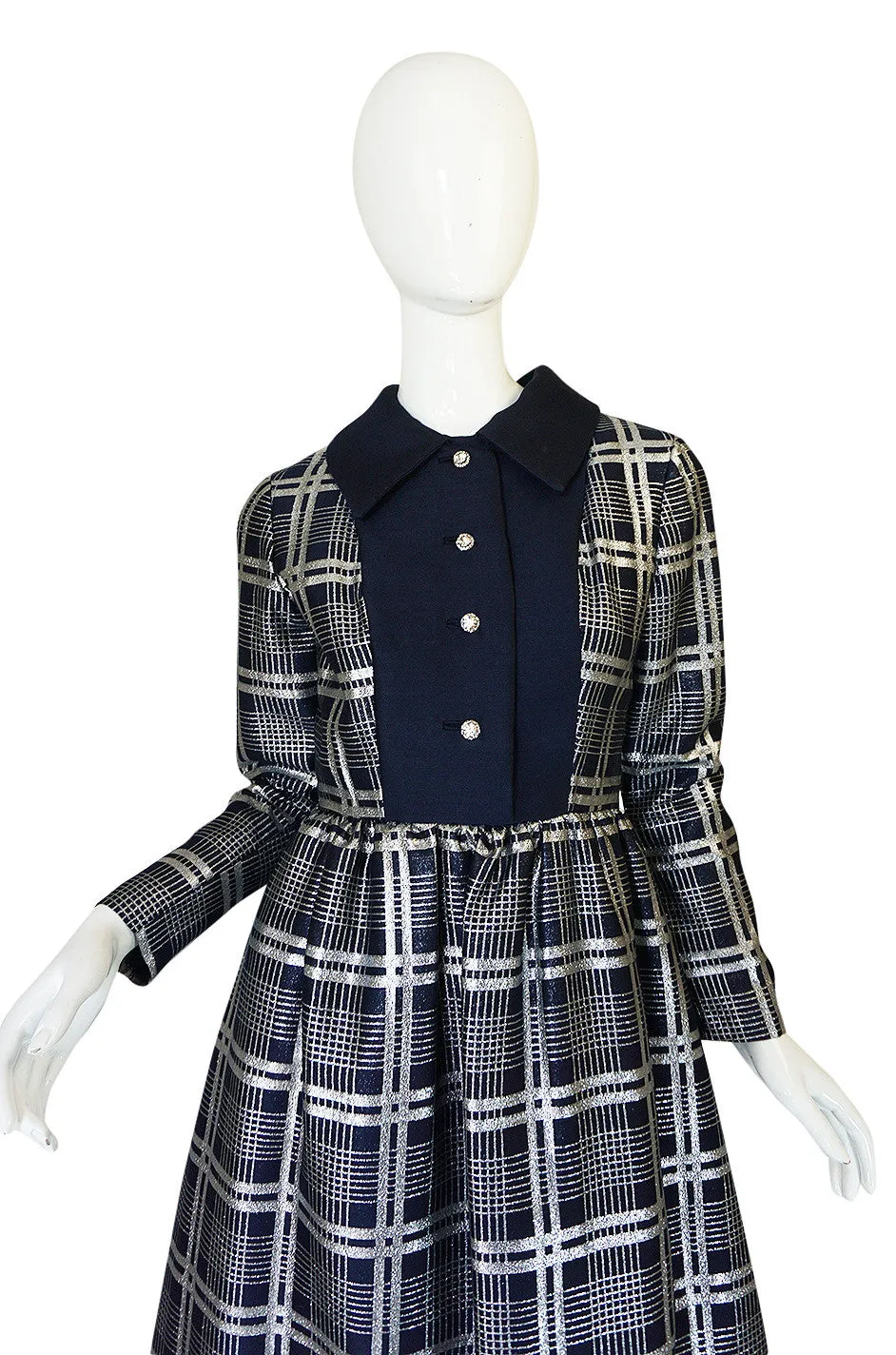 1960s Navy Silk & Silver Metallic Oscar de la Renta Dress